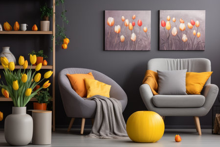 Elegant Easter Oasis: Stylish Living Room with Tulip Flowers and Easter Decorの素材