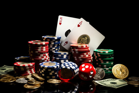 High-Stakes Studio Game: Embracing Fortune With Poker Chips, Dice, Cards, Soccer Ball, and Cashの素材