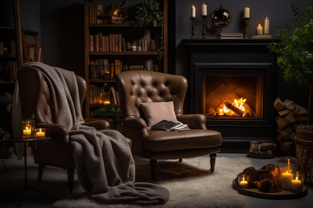 Evening Oasis: A Stunning Living Room Enveloped in Style and Elegance, Featuring a Gorgeous Fireplace, Luxurious Armchair, and Exquisite Nighttime DÃ©corの素材