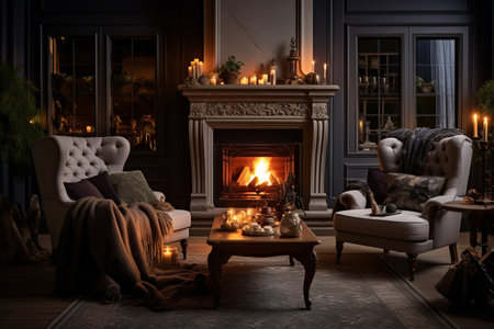 Nighttime Elegance: A Stylish Living Room Oasis with a Beautiful Fireplace and Stunning DÃ©corの素材