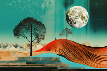 Turquoise Dreamscape: Surreal Collage of Abstract Landscape Artの素材