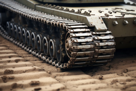 Unveiling the Power: Captivating Close-Up of Modern Military Tank Tracksの素材