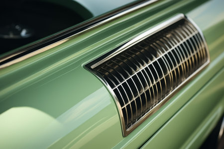 The Vintage Charm: Exquisite Light Green Air Intake Slots in Old Classic Car's Engine - A Captivating Close-Up in High Qualityの素材
