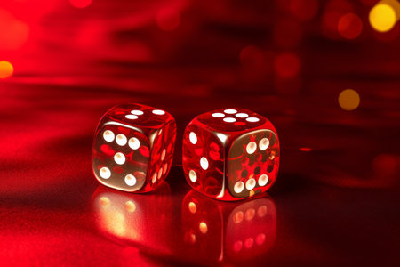 Crimson Odds: The Dazzling Dice on Red Backgroundの素材