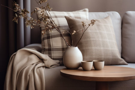 The Chic and Cozy Living Room: A Stylish Composition of a Beige Sofa, Wooden Coffee Table, Plants, and Elegant Personal Accessoriesの素材
