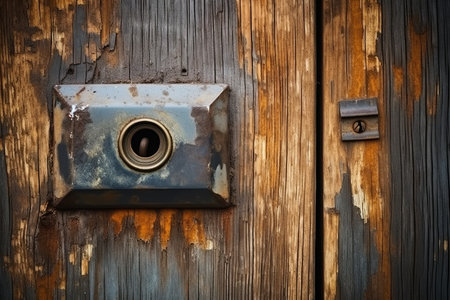 The Intriguing Charm of a Weathered Wooden Door: A Captivating Perspective with a Peephole and Mailの素材