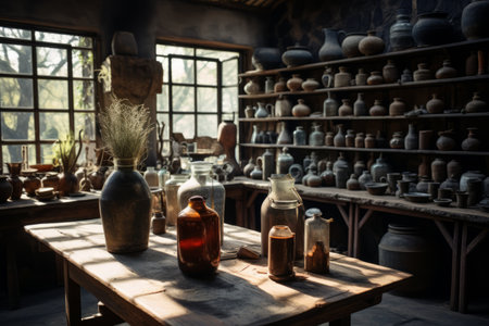 A Serene Oasis: A Room Bathed in Natural Light with Clay Pots, Glass Bottles, Coffee, and Curiositiesの素材
