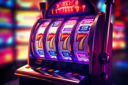 Lucky Spins and Wealthy Wins: Revealing the Triple Sevens Jackpot on a Casino Slot Machine in Close-の素材