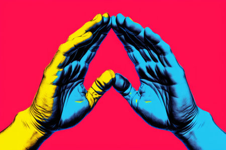 Vibrant Neon Palms: Exploring Modern Pop Art Collage in Psychedelic Style for Posters, Banners, and Wallpaperの素材