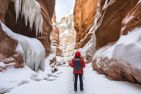 Capturing the Beauty: Senior Female Hiker Explores Winter Wonderland in Grand Staircase Escalante Naの素材