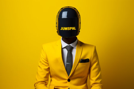 Unstoppable Mind: Exploring Comics-Styled Yellow Suit, Modern Design, Inspiring Urban Magazine Style with Negative Space for Your Text or Adの素材