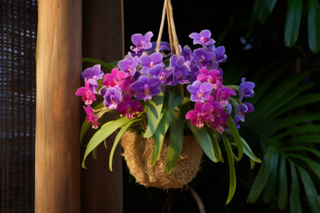 Exquisite Vertical Vanda: A Captivating Display in a Tropical Wooden Slot Basketの素材