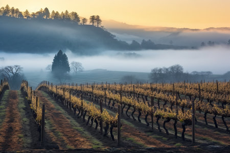 Mystical Winter Serenity: Low Valley Fog Blankets Sonoma County's Enchanting Vineyardの素材