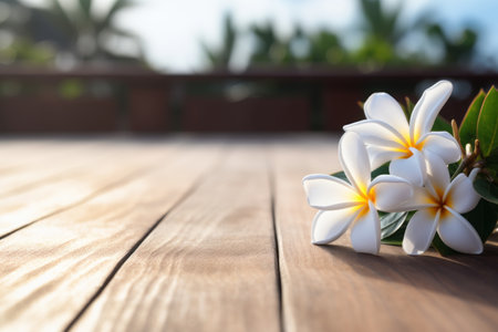 Serene Beauty: Enhanced White Frangipani Blooms on a Rustic Wooden Boardwalkの素材