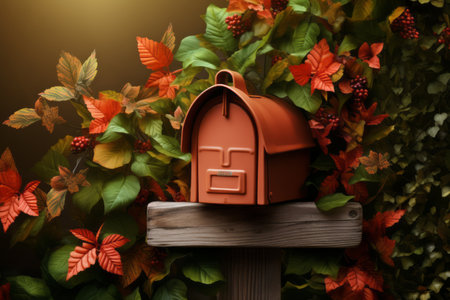 Rustic Charm: Wooden Mailbox Amidst Lush Leaf Backgroundの素材