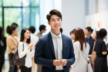 The Inspiring Voice: Young Asian Man Captivating the Crowd with Exhibition Insights at the Modern Arの素材
