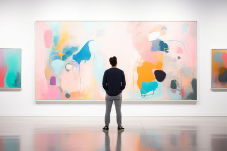 Expanding Perspectives: A Young Man's Reflection in the Abstract Beauty of Modern Art Exhibitionの素材