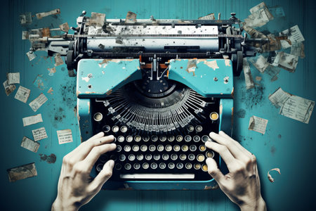 The Power of Words Unleashed: Exploring Storytelling, Creativity, and Blogging through an Art Collage of an Old Typewriter and Hands with Penの素材