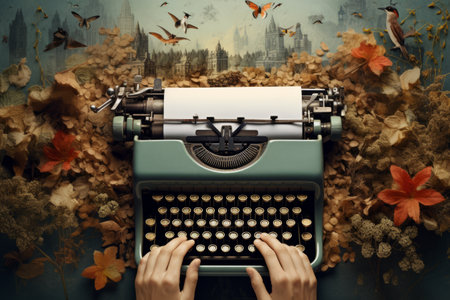 The Power of Words: Unleashing Storytelling, Creativity, and Blogging through an Art Collage with an Old Typewriter and Hands with Penの素材