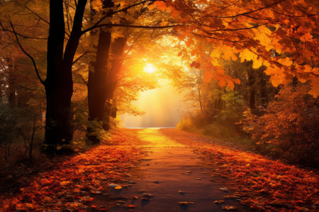 Enchanting Autumn Path: Vibrant Maple Leaves, Sunlit Fog, and City Park's Serene Beautyの素材