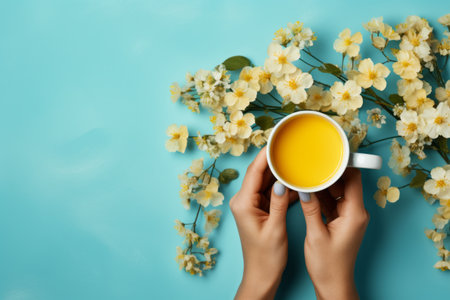 Summer Vibes: Captivating Collage of a Yellow Flower Cup Drink in Hands, Featuring Isolated Coffee and a Vibrant Blue Paint Color Backgroundの素材