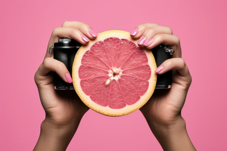Camera-citrus Fusion: an Artistic Collage Blending Vibrant Pink Citrus, Meditative Hands, and Monochromatic Photographyの素材