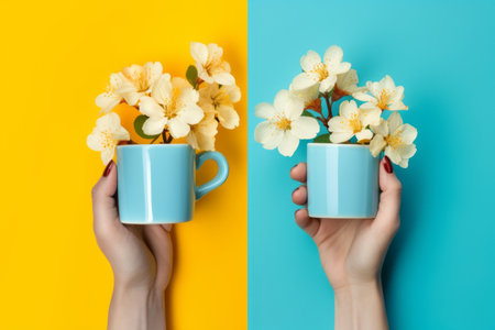 Aesthetic Delight: Captivating Image of a Hand Holding a Yellow Flower Cup Coffee against a Vibrant Blue Backgroundの素材