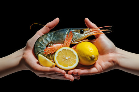 Seafood Fusion: A Contemporary Art Collage of Hands Embracing Shrimp and Lemon, Celebrating the Joy of Cooking and Indulging in Delightful Seafood Delicacies. With a Modern Design and Ample Copy Space.の素材