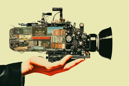 The Role of Media Manipulation: A Contemporary Art Collage Depicting the Human Hand Spreading Fake News Through a Movie Cameraの素材