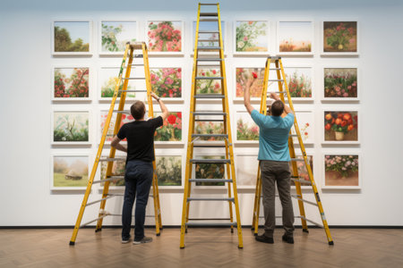 Artistic Employees Brushing up the Gallery: Getting Ready for an Unforgettable Art Exhibitionの素材