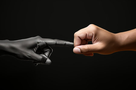 Exploring Diversity Through a Creative Collage: Miniature Black and White Figures Point in the Direction on a Painted Backgroundの素材