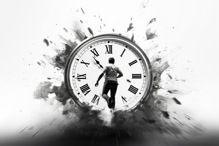 Capturing the Spirit: Dynamic Monochrome Image of a Energetic Athlete Sprinting Against a Clock-Inspired Backgroundの素材