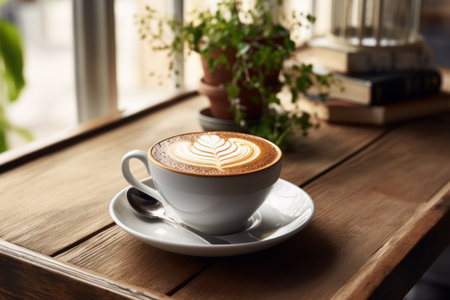 Indulging in a Satisfying Cup of Coffee Latte at a Quaint Coffee Shopの素材
