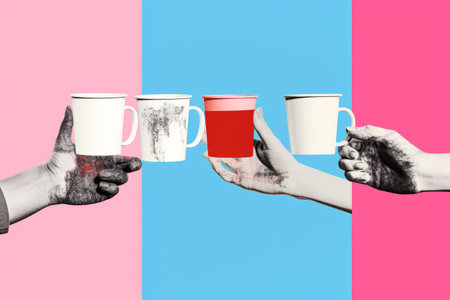 Coffee Cup Fusion: A Chic and Captivating Minimal Sketch Collage on a Blue Pink Backgroundの素材