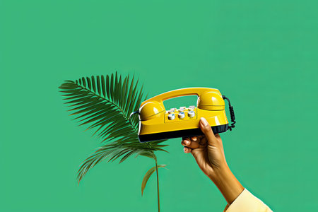 Palm of the Past: An Exclusive Minimal Magazine Sketch Collage of an Isolated Green Yellow Landline Phoneの素材