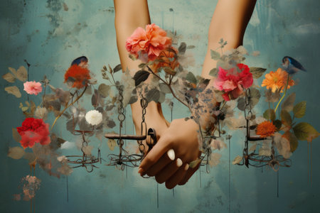 Cuffs and Botanical Grace: An Imaginative Digital Collage of Modern Artの素材