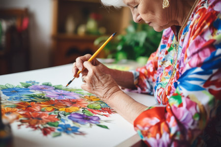 Capturing the Vibrant Hobby of an Elderly Woman: A High-Quality Photo of Colorful Painting at the Nursing Homeの素材