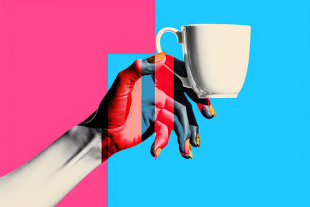 Aesthetic Arm Palm Coffee Cup Collage: Exclusive Minimal Magazine Sketch in Blue and Pinkの素材