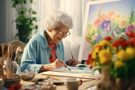A Vibrant Expression: Capturing the Artistic Passion of an Elderly Woman at a Nursing Homeの素材