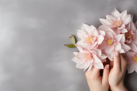 Graceful Femininity: The Elegance of White Nail Design and Pink Autumn Flowers Held by Woman's Hands on a Gray Fabric Backgroundの素材