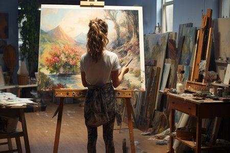 Masterful Strokes: A Talented Female Painter Creating Art on Canvas in her Studioの素材