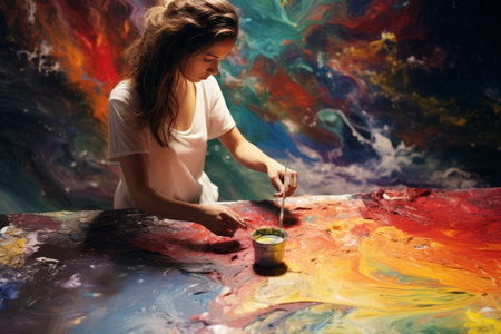 The Mesmerizing Artistry: A Close-Up of a Girl Artist Pouring Paint on Paperの素材