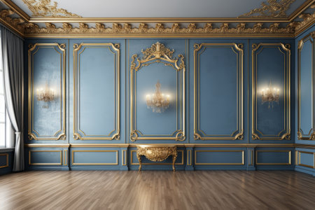 Gilded Elegance: Vintage-Inspired Luxury Room with Blue Walls and Ornate Gold Moldingの素材