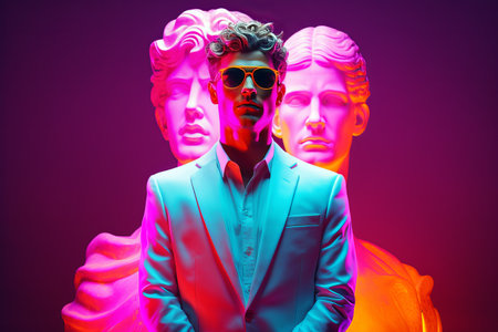 Captivating Contemporary Art Collage: Stylish Man Amidst Vibrant Neon, Offering Space for Personalized Textの素材