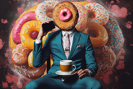 The Sweet Delight of Morning Coffee: A Contemporary Art Collage of a Man in a Glazed Donut Business Suitの素材