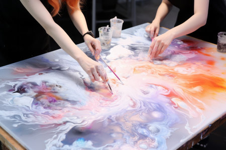 Mastering the Art of Acrylic Fluid Pouring: A Step-by-Step Painting Tutorial in a Workshop with Two Skilled White Womenの素材