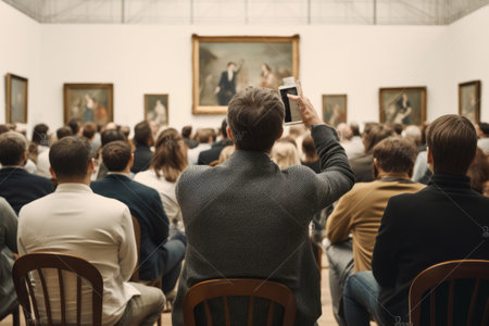 Artistic Auction: Enthralling Rear View of Man Elevating Tablet with Number in Vibrant Art Gallery Settingの素材
