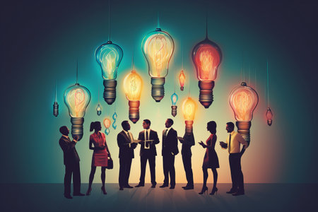 Retro Artwork: A Collaborative Cartoon Journey with Black and White Filtered People, Connected by Suggestions under the Illuminating Light Bulb, Against a Colorful Isolated Backgroundの素材