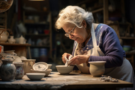 A Masterpiece in Progress: Senior Woman Showcases Her Artistry in Crockery Workshopの素材