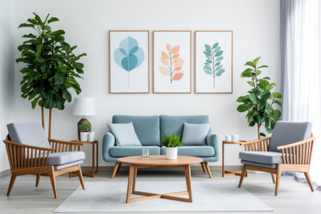 Vibrantly Stylish Living Room: A Gallery of Simple Posters Adorned with Coastal Blue Sofa, Chic Armchairs, Lively Greenery, and a Charming Wooden Coffee Table atop a Colorful Carpetの素材